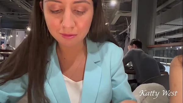 Two shameless chicks have lunch without panties at the mall in public