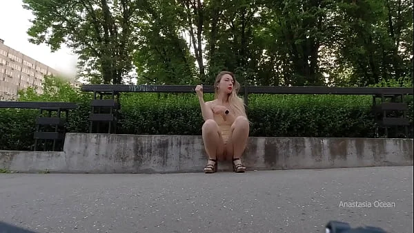 Perverted public slut walk. Upskirt, no panties, flashing pussy outside in tight short dress.