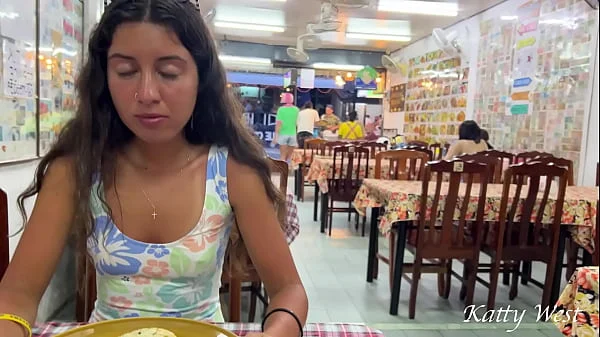 Katty eats lunch in an Asian cafe without panties and flashing pussy in public