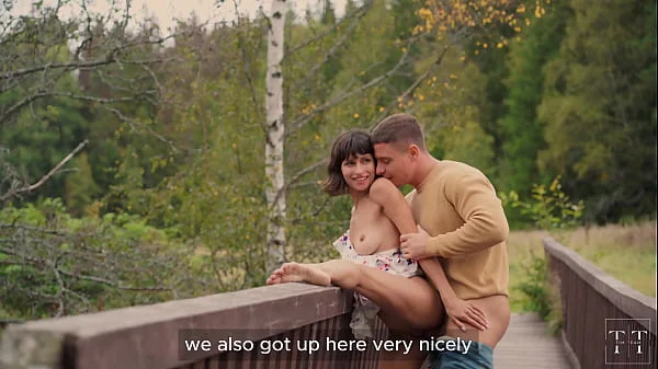 Cum all over his fiancée's tits in the woods