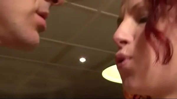 Slutty French redhead delivers pizza and pussy