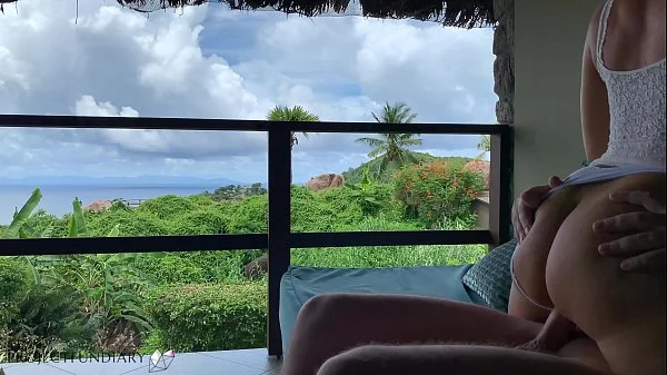 cock bouncing on a public balcony on honeymoon in paradise, projectfundiary