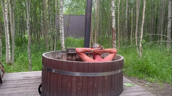 Outdoor sex in hot bath with cute blonde