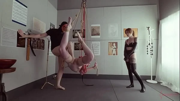 Submissive bondage puppet Rebel Rhyder sucks cock and eats ass in a demented threesome game