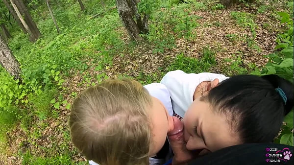 Amateur threesome blowjob outdoors