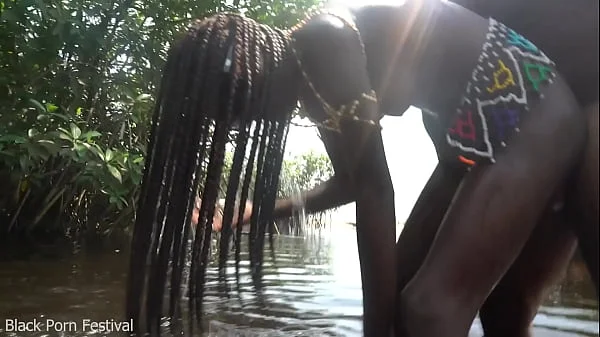 Skinny zulu hottie with perfect tits getting fucked while bathing in the river