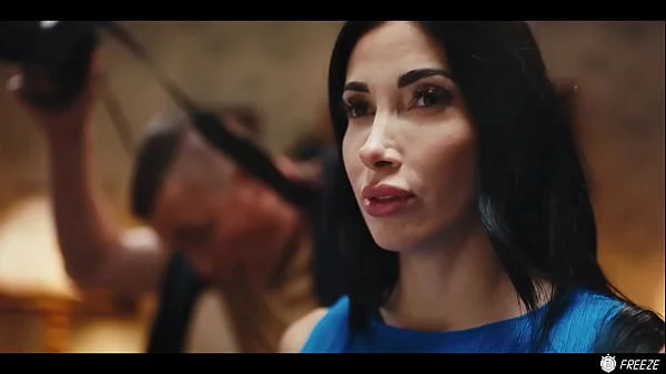 French Brunette with Fake Enhanced Huge Boobs Gets Her Nipples Sucked while Frozen in Time