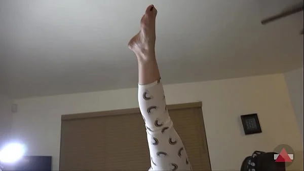 Yoga girl stretches, masturbates and gets filled prone bone