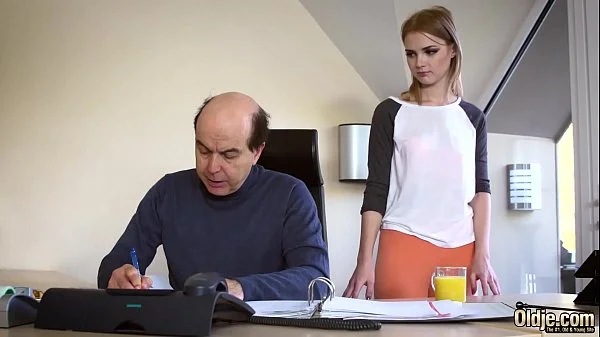 Young and passionate teen on 18th birthday has romantic sex with old man it turns dirty and she gives a sloppy blowjob then gets pussy fucked hard and deep takes his cock in her mouth and sucks until she swallows the cumshot