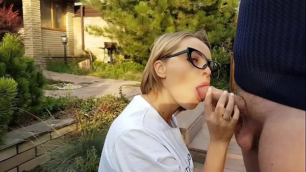 Look how she sucks this big mushroomhead cock and how she begs to cum on her beautiful face