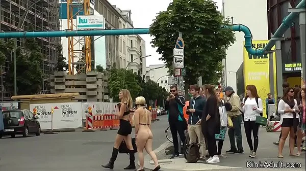 Busty blonde gets gangbang in public