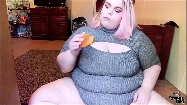 BBW Feedee over eats lots of hamburgers and burps
