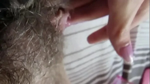 hairy pussy big clit rubbing masturbation dripping wet orgasm in close up side view cum play at the end
