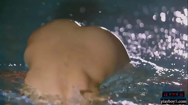 Petite teen hottie Vi Shy skinny dips in a pool late night