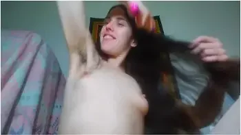 Foreign Object Insertion! Hairy Pink Pussy Camgirl Brushes Long Hair With Brush Then Puts In Vagina