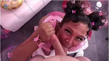 Cute Ebony Gives Her Stepbro A Super Sloppy Blowjob Until He Cums All Over Her Pretty Little Face