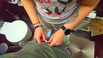 Amateur MILF Gets Stranger Cum in Panties - Restaurant Toilet Creampie Close-Up