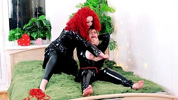 Big Tits Lesbian Strapon Fucking - Latex Bondage Domination with Food Play - Rough BDSM Submissive