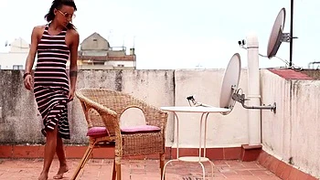 Skinny Brunette Amateur Blowjob on Terrace - Homemade Outdoor Pussy Eating