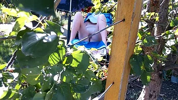 German MILF SimoneLive1 Naked Outdoor Close-Up Pussy in Garden - Neighbor Watching Through Hedge