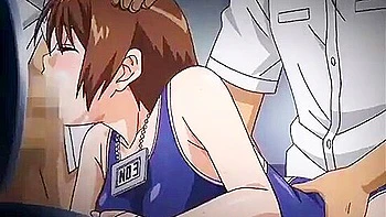 A beautiful girl in a uniform gets all the boys in a swimsuit in the toilet and ejaculates in her mouth.