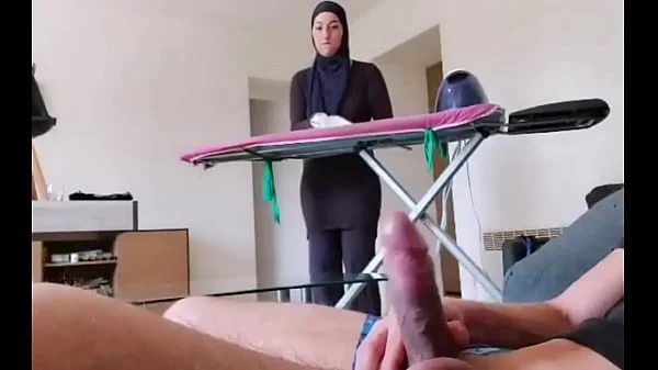OMG !! He pulls out his cock in front of this muslim maid!!