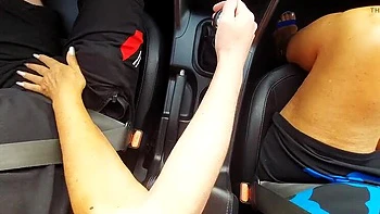 Horny Stepmom Adrian Rubs Her Wet Pussy in Car with Stepson Watching