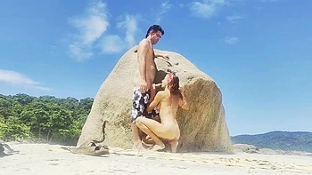 Skinny Brunette Magia Rosa Hides on Rio Beach for Outdoor Blowjob & Sex with Huge Cock