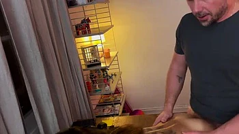 Horny Husband Interrupts Busy Wife Working From Home - Gives Her A Facial Cumshot Reward