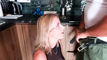 Cute German blonde amateur teen fucks in the kitchen