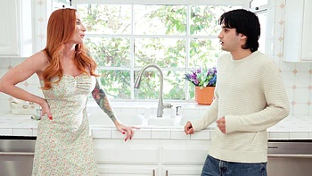 The red-haired beauty Sophia Locke fucks away with her man in the kitchen.