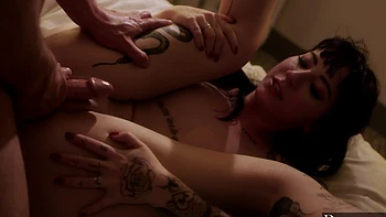 Seth Gamble roughly fucked Charlotte Sartre on the bed with intensity.