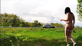 Za Za the MILF Slave Walks Naked on Highway in Stockings & Heels