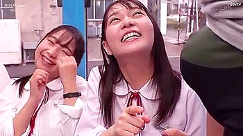 Three beautiful girls in uniform get excited when they see a man's penis and cum all over his hands.