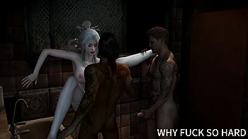 3D Big Boobs Slut Cheating with Two Big Cock in the Bathroom