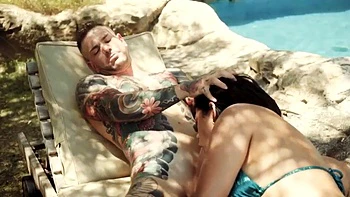 Foursome by the pool: Blowjob, Cowgirl  Brunette Porn