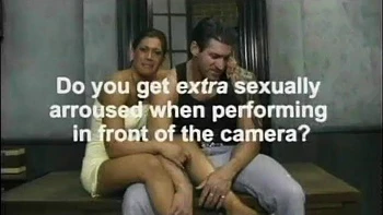 Brunette babe and her partner talking behind the scenes before fucking