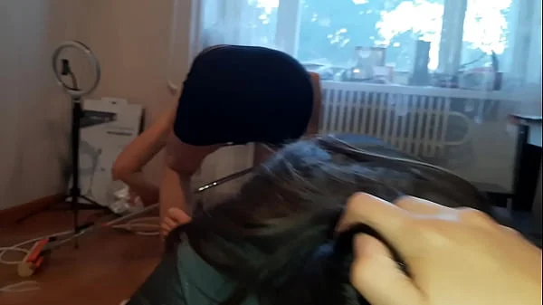 My girlfriend made me cunnilingus while the cleaner was washing the floor - Lesbian Illusion Girls