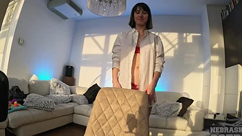 Brunette Aloida plays with her pussy in thong and bra