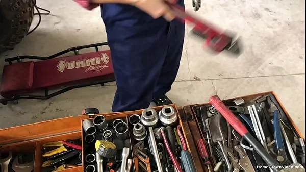 Blonde wife with big tits gets sucks dick in the garage