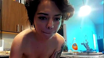 Small tit brunette amateur tugs on a big willie