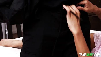 Blindfolded ebony babe Dani Synclair fucks with a white burglar