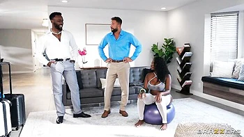 Curly-haired ebony chick Rayne Carter rammed by white penis