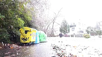 Gorgeous angel in a leather jacket Mini Mitzi X is pissing outdoors