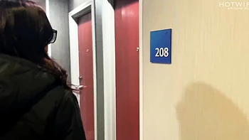 Busty curly brunette with big boobs fucks on couch