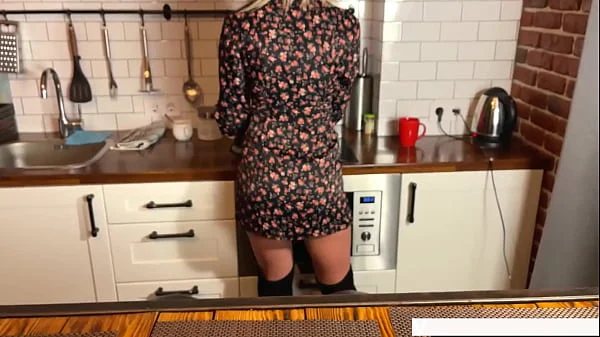 Blonde MILF step mom watches me jerk off and MASTURBATION gets a squirt in the kitchen