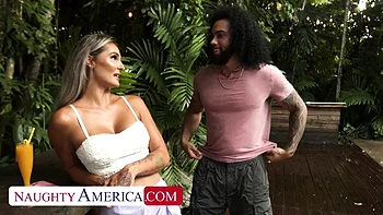 Busty blonde Mandy Rhea fucks friends boyfriends big black cock on vacation