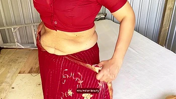 Hiras Fantasy: Wearing Red Saree, Blue Lingerie...naughty Solo Dressing Show!