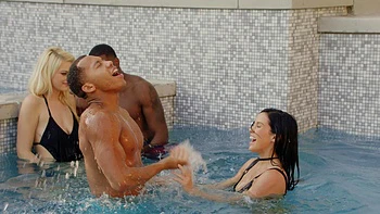 Three guys shared hot Megan Rain with shaved pussy