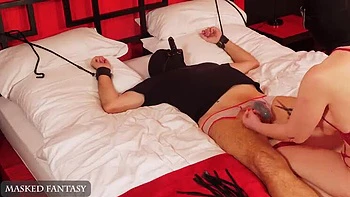 Masked MILF Mistress Rides Slave's Face Dildo to Orgasm - His Cock Locked in Chastity Cage